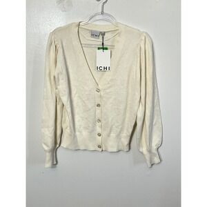 ICHI Ihsella Cardigan Womens Large Birch Cream Puff‎ Sleeve EcoVero V-Neck